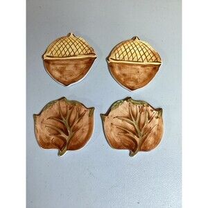 Bath & Body Works Set of 4 Coasters Ceramic Fall Leaves And Acorns